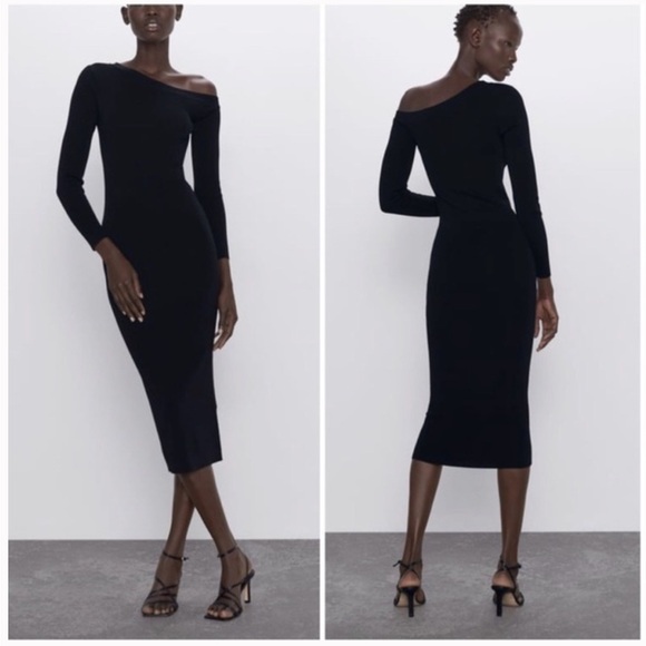 ZARA Asymmetrical Shoulder Knit Bodycon Fitted Midi Dress in Black Size M NWT - Picture 1 of 9
